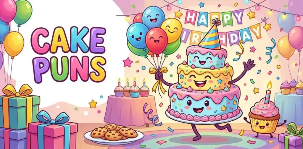 Cute cake character celebrating party