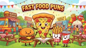 Funny fast food characters laughing together