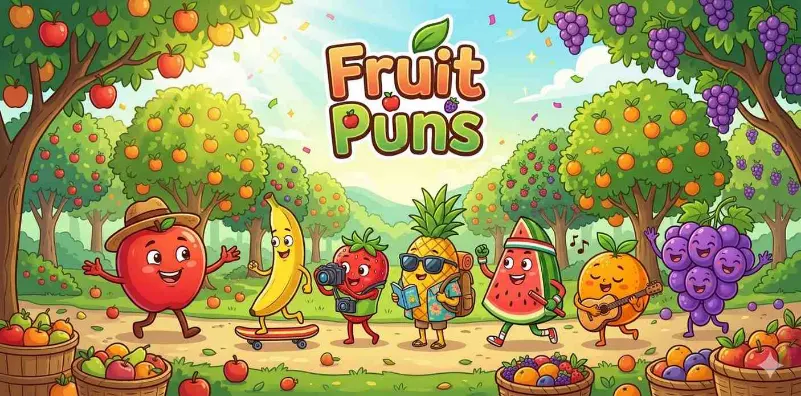Funny fruit friends in orchard