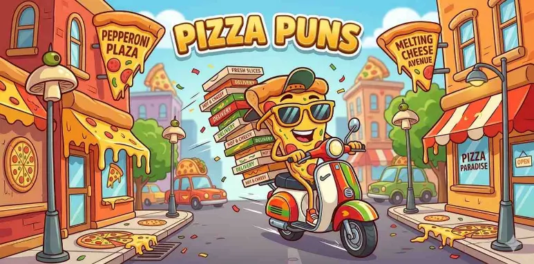 Funny pizza slice delivering jokes