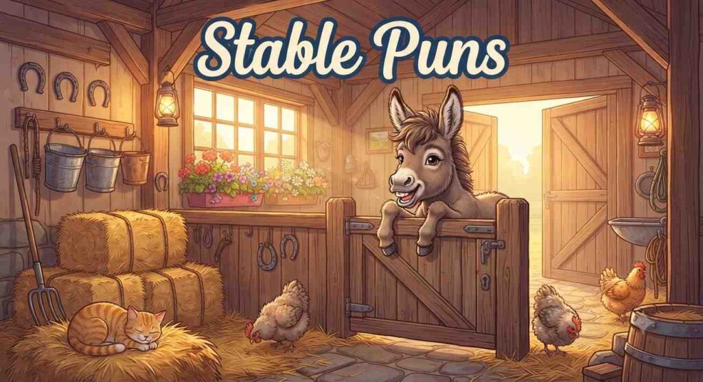 Happy donkey inside colorful stable