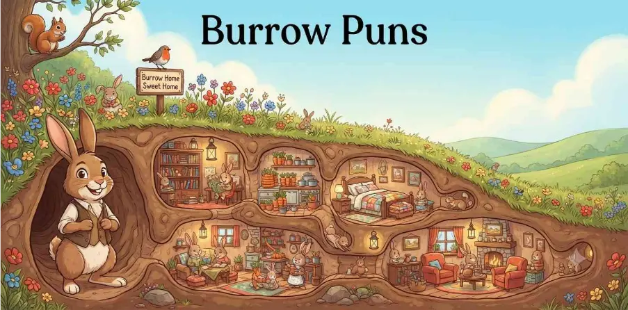 Happy rabbit outside cozy burrow  