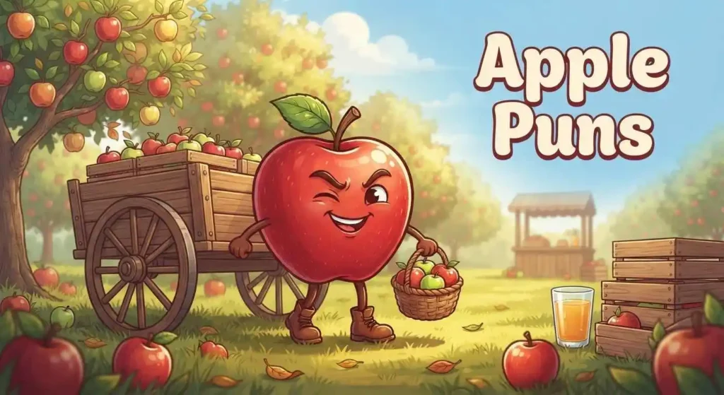 Funny apple character in orchard