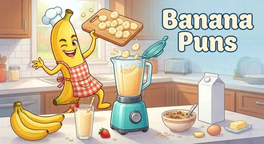 Funny banana making breakfast smoothie
