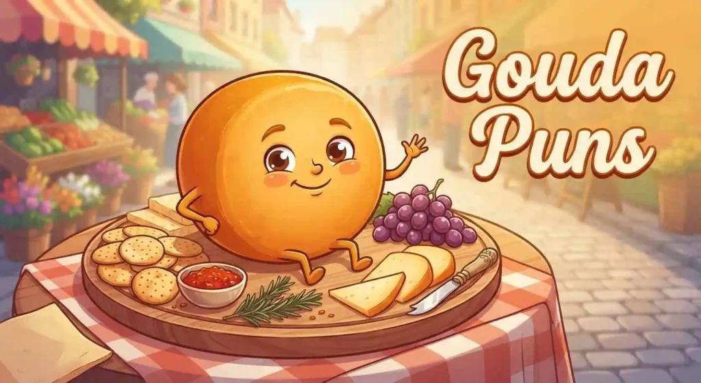 Playful Gouda cheese wheel