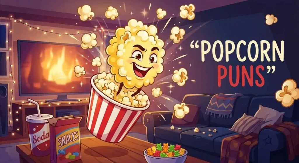 Playful popcorn character at movie night
