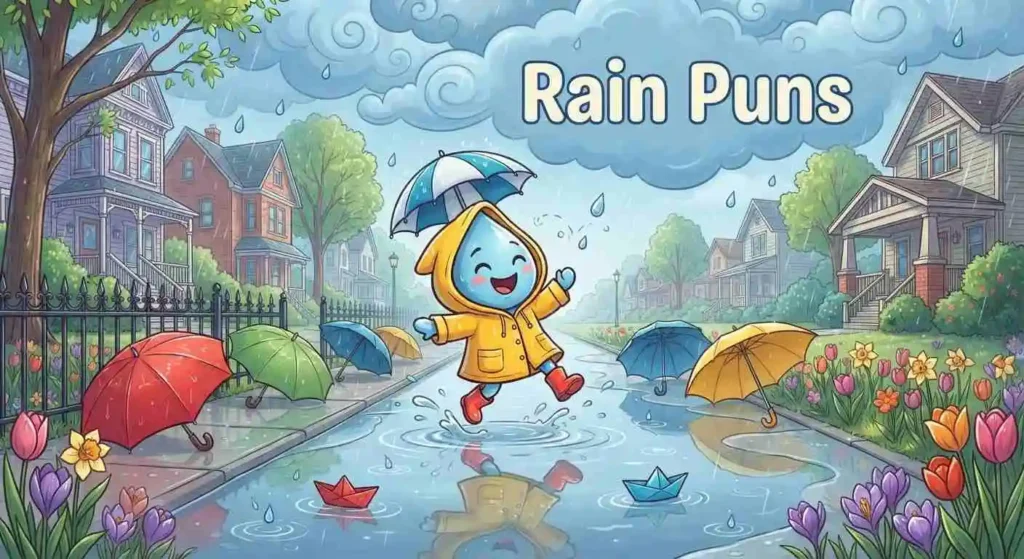 Cute character enjoying a rainy day.